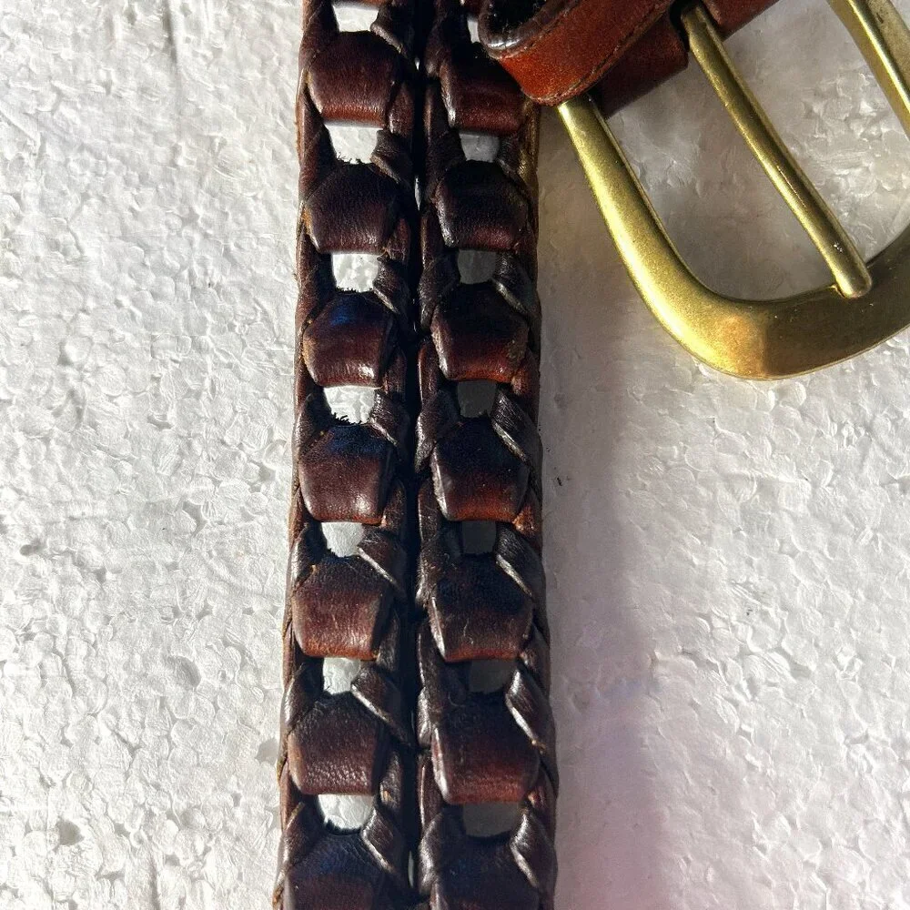 Roundtree & Yorke Mens Brown leather Belt woven open cutwork essential timeless